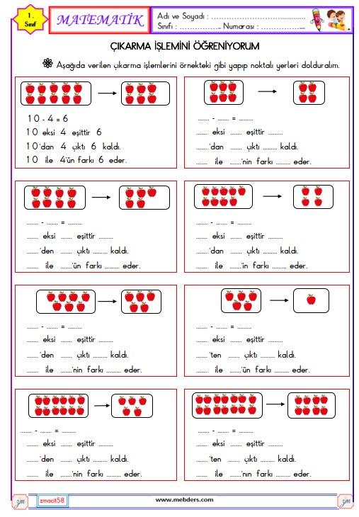 1. Sınıf Matematik Çıkarma İşlemini Öğreniyorum Etkinliği 2