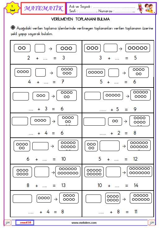 1. Sınıf Matematik Verilmeyen Toplananı Bulma Etkinliği 11