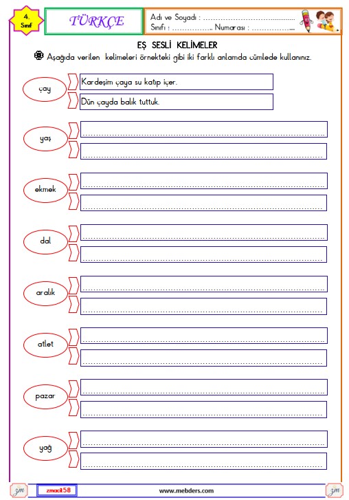 4. Sınıf Türkçe Eş Sesli Kelimeler Etkinliği 1