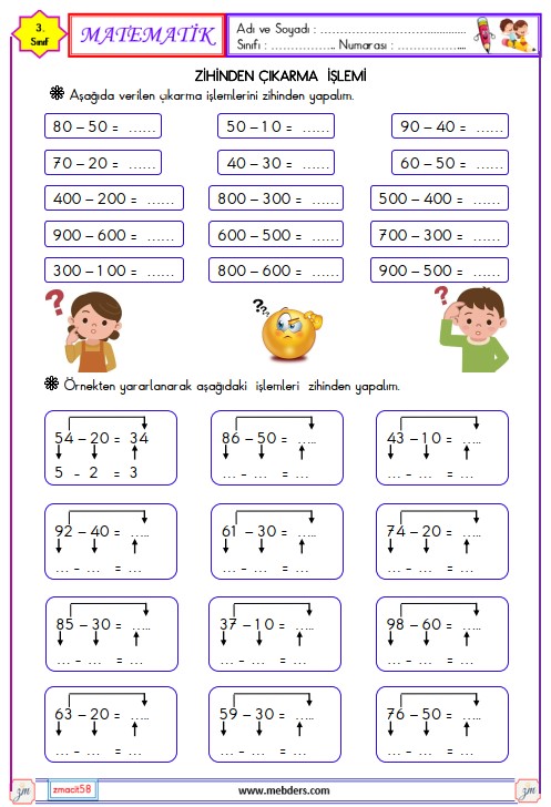 3. Sınıf Matematik Zihinden Çıkarma İşlemi Etkinliği 1