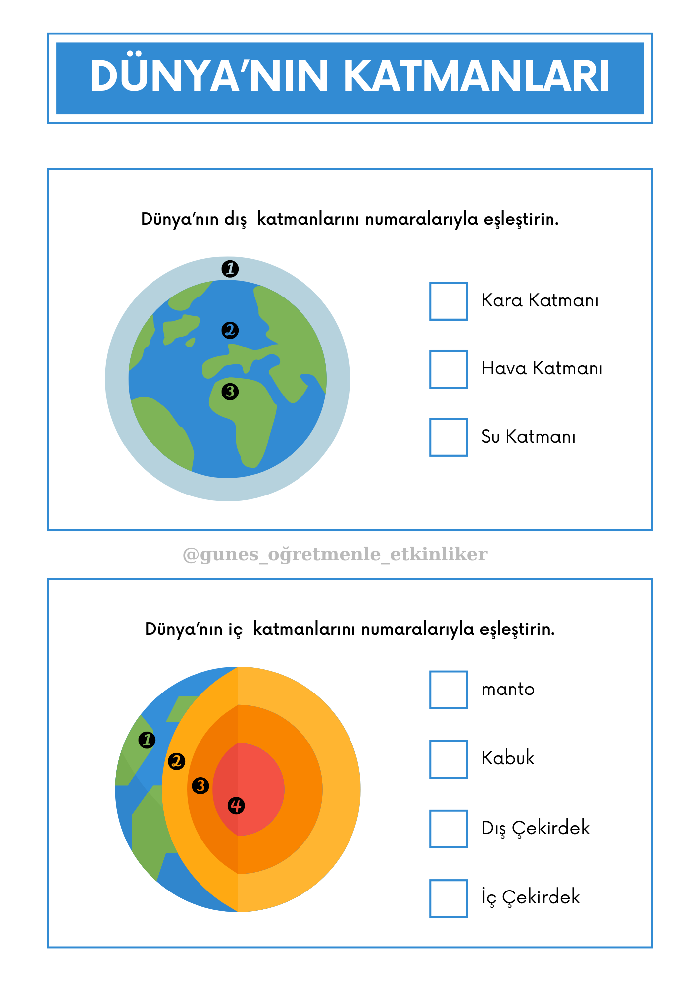 3.Sınıf Fen Bilimleri Dünya'nın Katmanları Çalışma Kağıdı