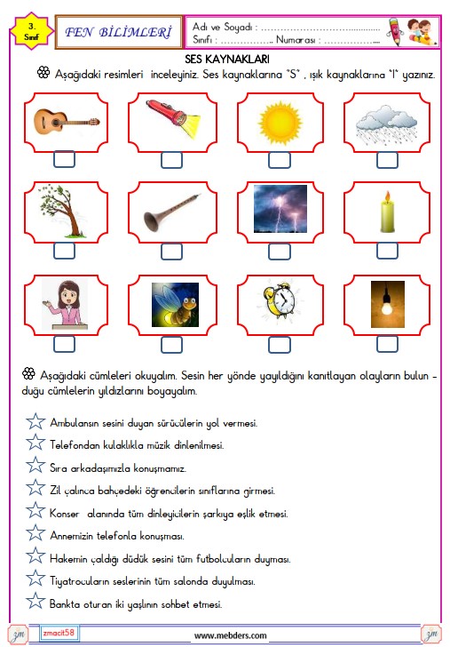 3. Sınıf Fen Bilimleri Ses Kaynakları Etkinliği 8