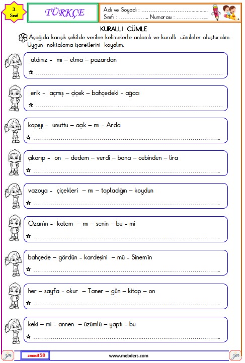 3. Sınıf Türkçe Kurallı Cümle Etkinliği 6