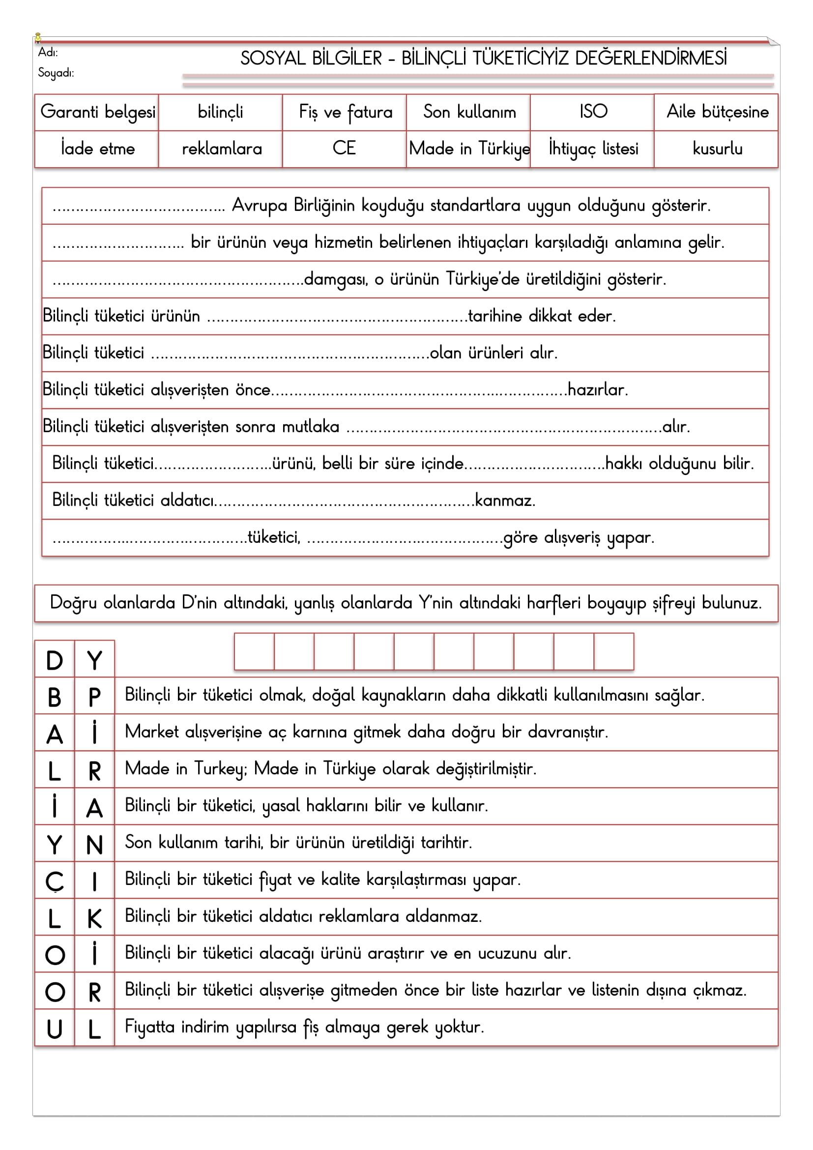 4.Sınıf - Sosyal Bilgiler Bilinçli Tüketiciyiz Değerlendirmesi