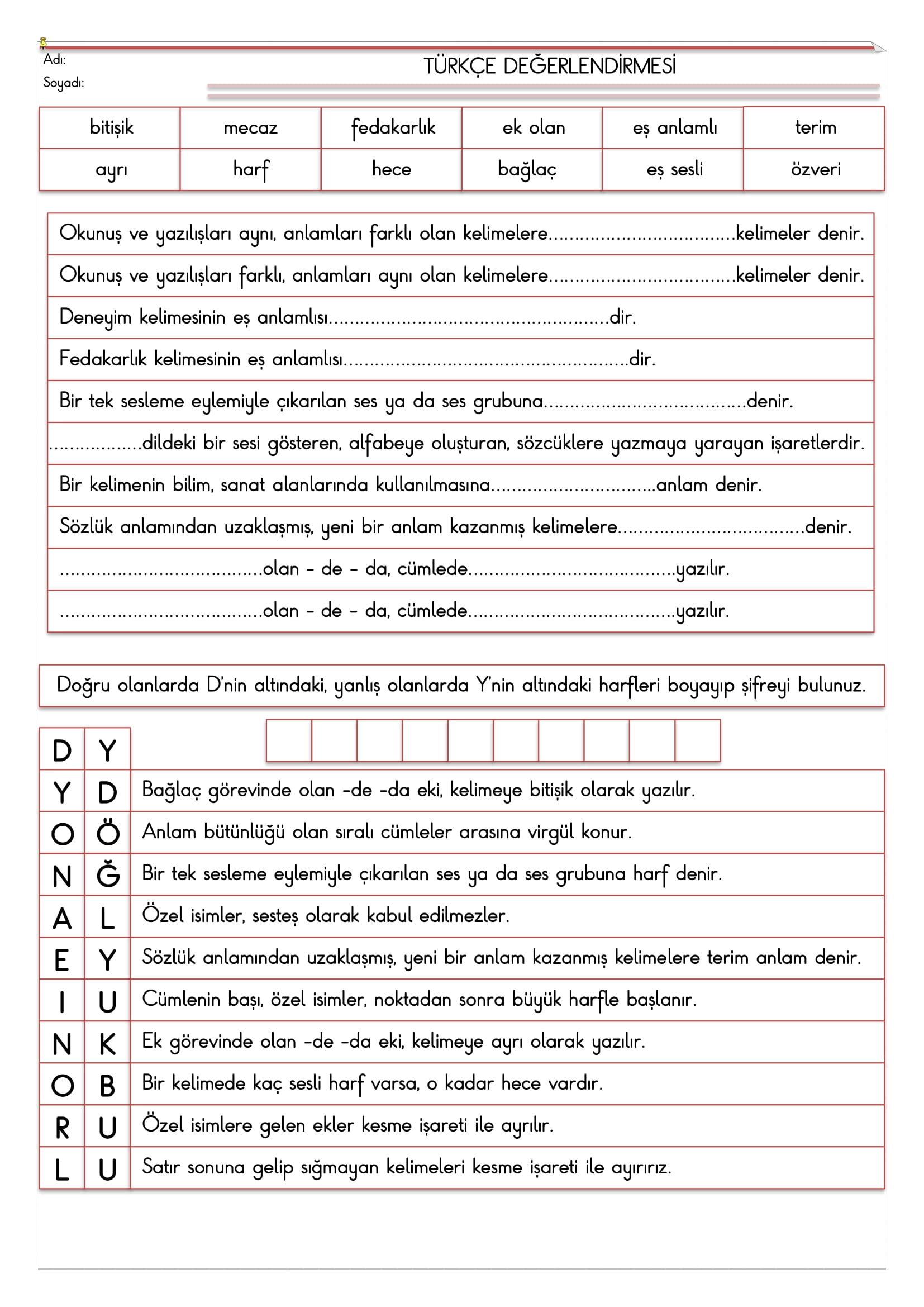 4.Sınıf - Türkçe Değerlendirmesi