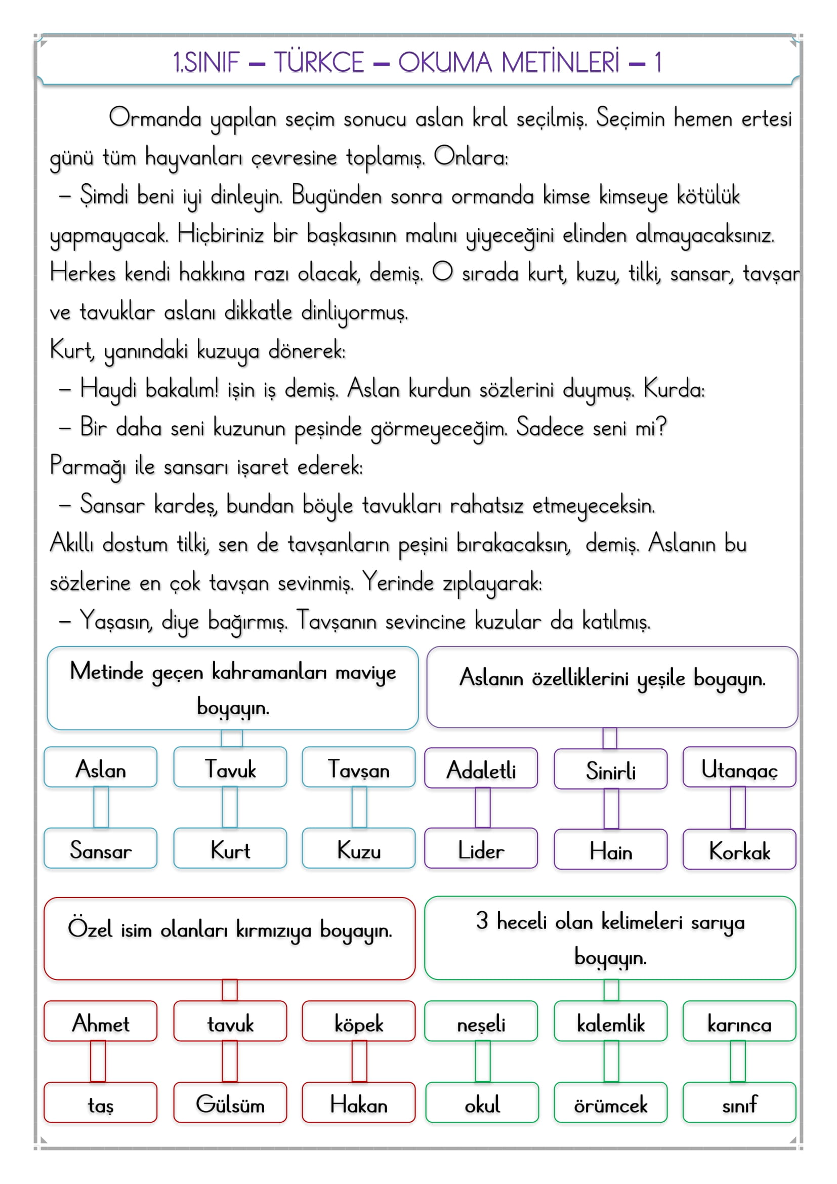 1.Sınıf - Türkçe - Okuma Metni ve Dilbilgisi Çalışması