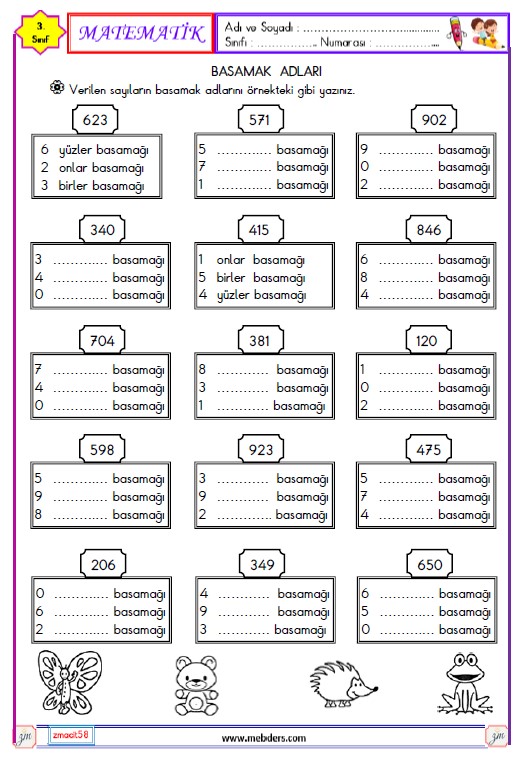 3. Sınıf Matematik Doğal Sayılarda Basamaklar Etkinliği 1