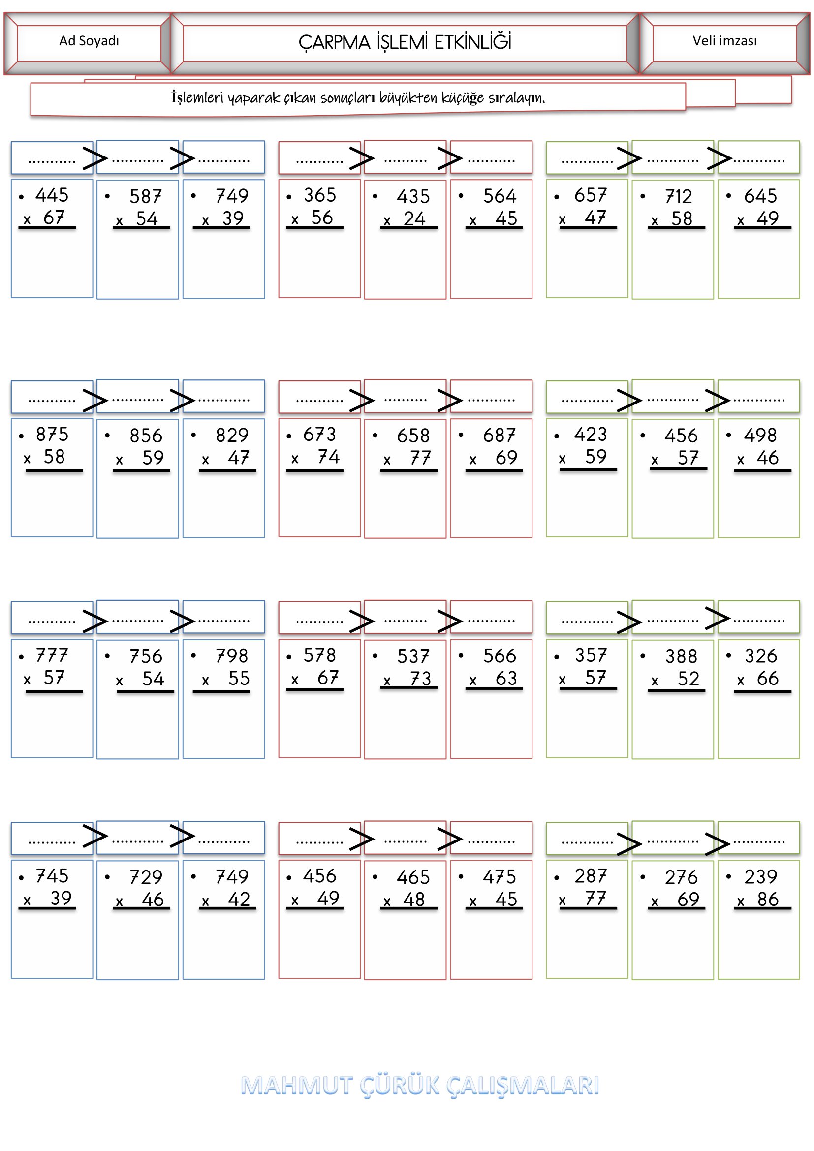 4.Sınıf Matematik Çarpma İşlemi Etkinliği-3