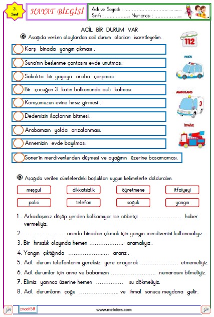 3. Sınıf Hayat Bilgisi Acil Bir Durum Var Etkinliği 3