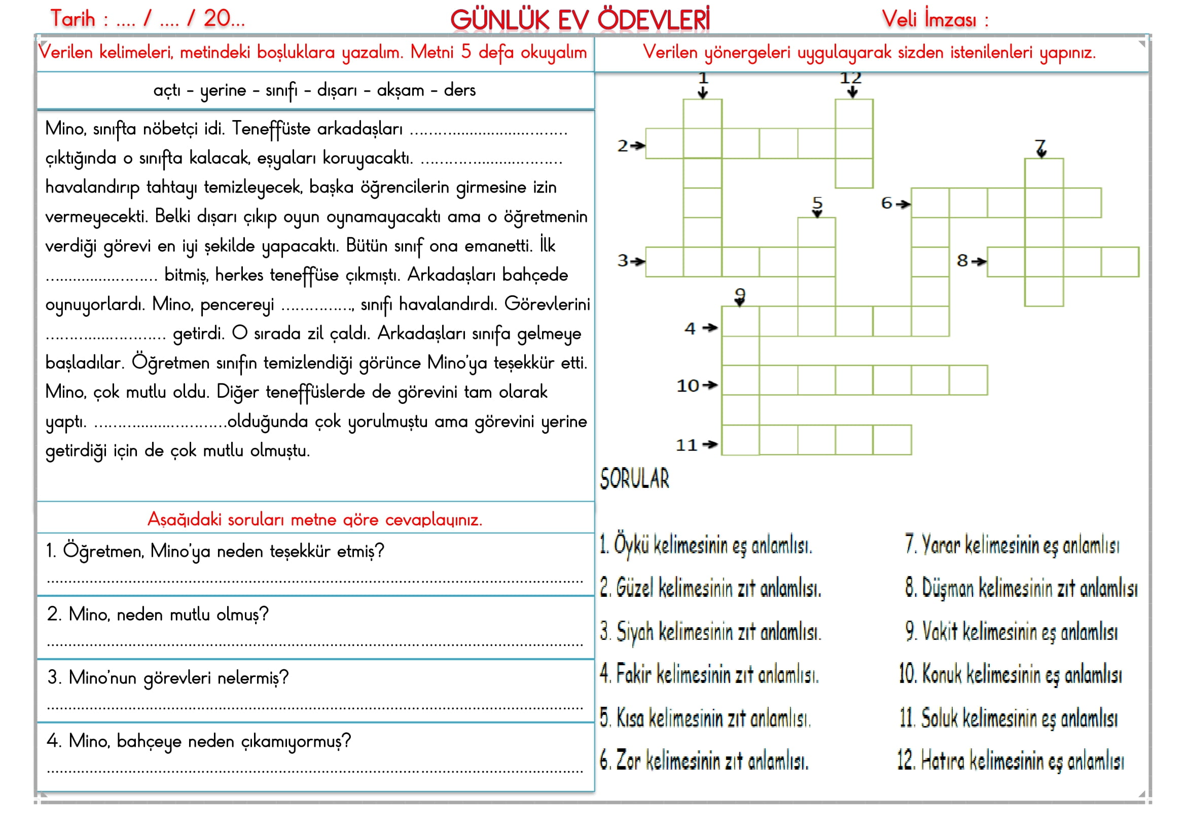 2.Sınıf 13 Ocak 2025 Günlük Ev Ödevi