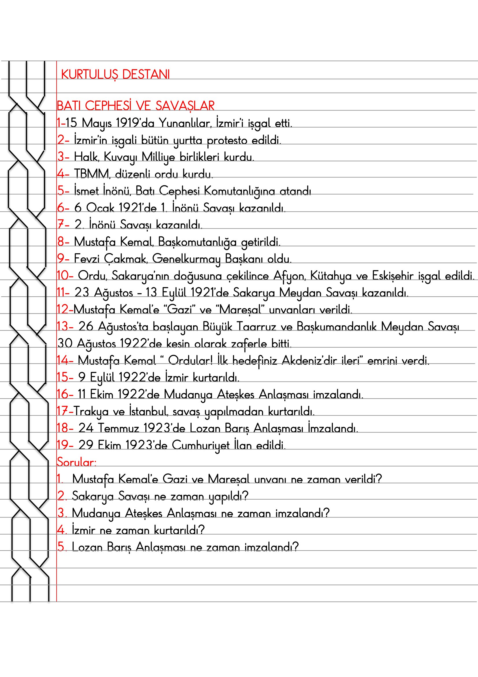 4.Sınıf - Sosyal Bilgiler - Kurtuluş Destanı (Batı Cephesi ve Savaşlar) Defter Özeti