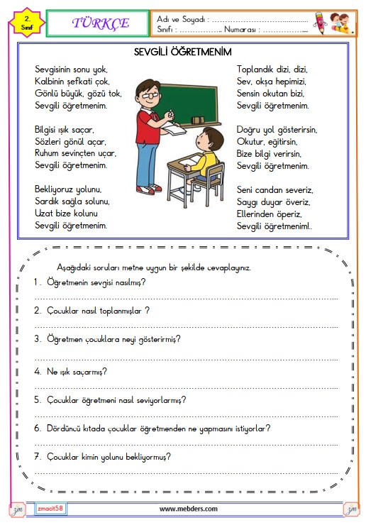 2. Sınıf Türkçe Okuma ve Anlama Metni Etkinliği (Sevgili Öğretmenim)