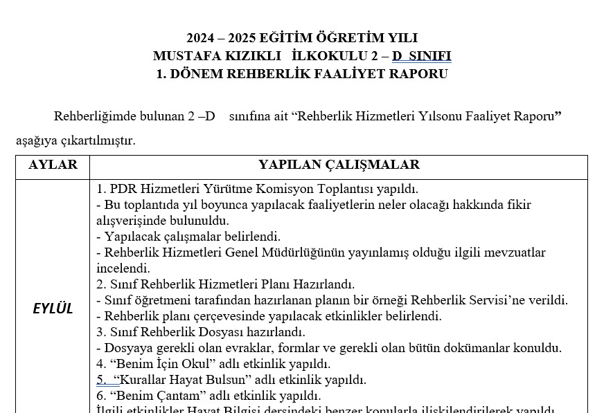 2024-2025 Eğitim Öğretim Yılı 2. Sınıf 1. Dönem Rehberlik Faaliyet Raporu