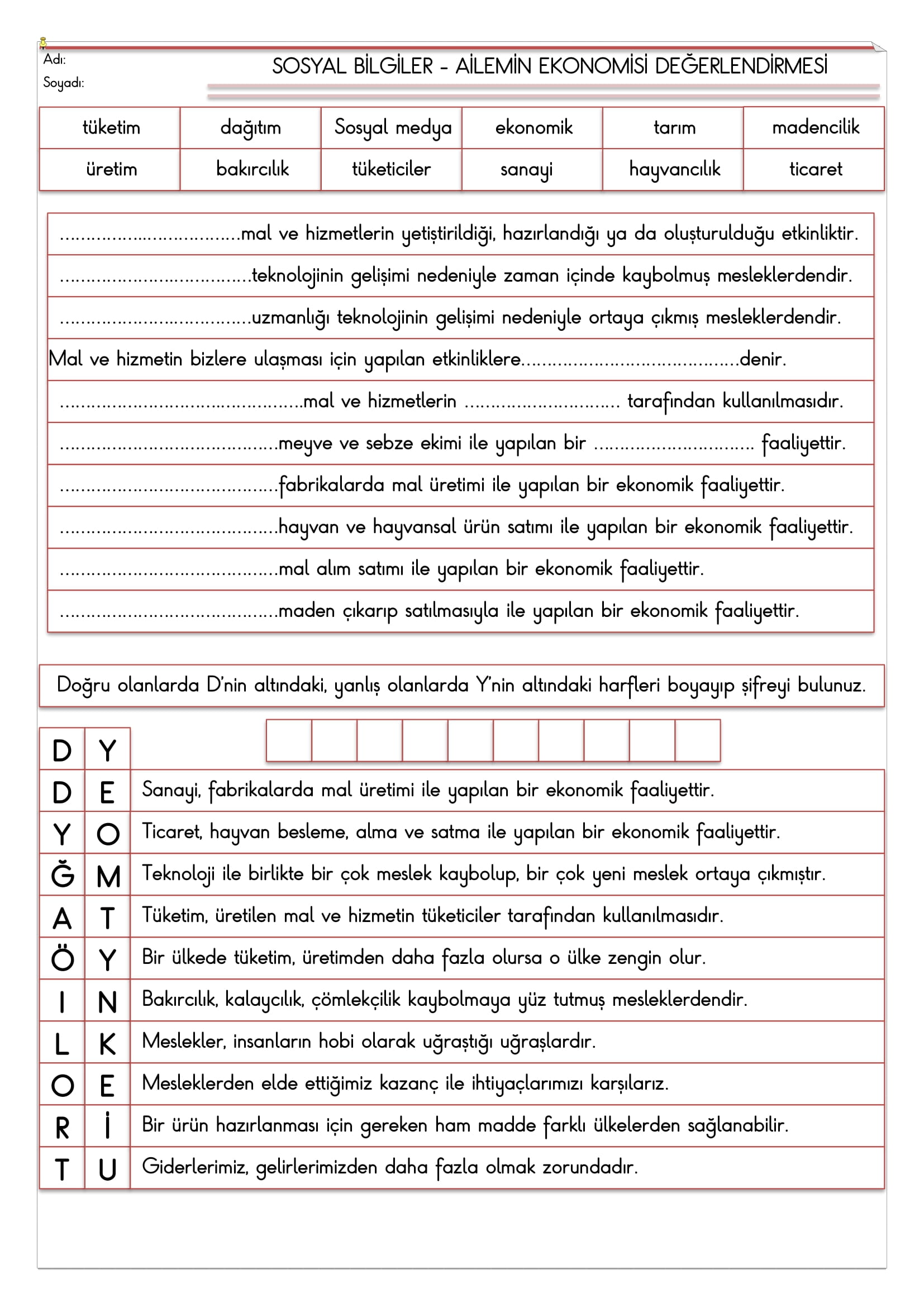 4.Sınıf - Sosyal Bilgiler Ailemin Ekonomisi Değerlendirmesi