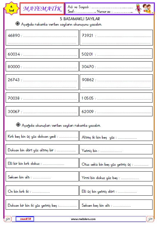 4. Sınıf Matematik Beş Basamaklı Sayılar Etkinliği