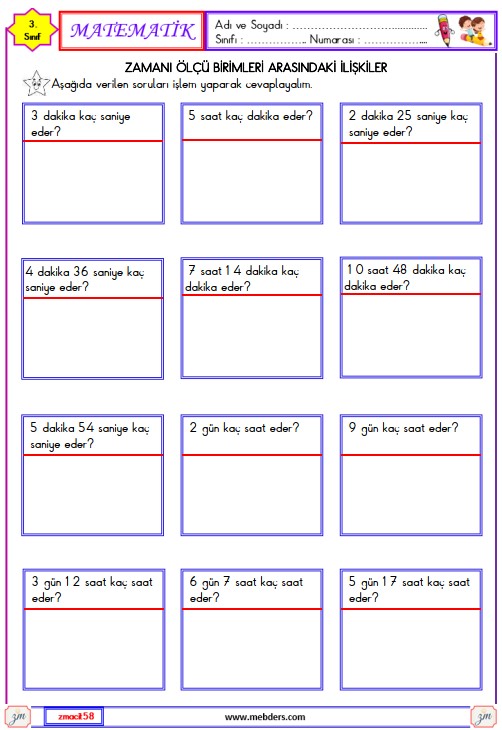 3. Sınıf Matematik Zaman Ölçü Birimleri Arasındaki İlişkiler Etkinliği 8