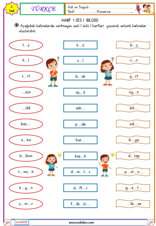 3. Sınıf Türkçe Harf Bilgisi Etkinliği 3