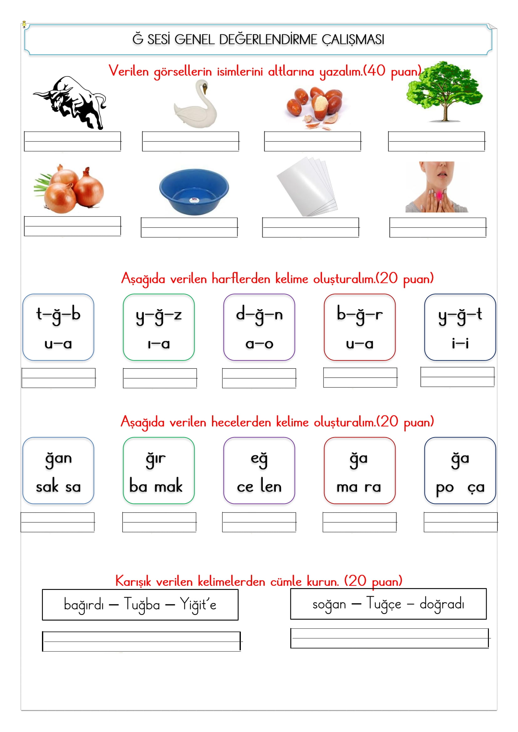 1.Sınıf İlk Okuma Yazma Ğ-ğ Sesi Değerlendirme Çalışması 2