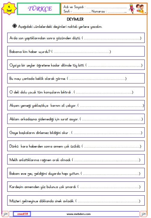 4. Sınıf Türkçe Deyimler Etkinliği 1