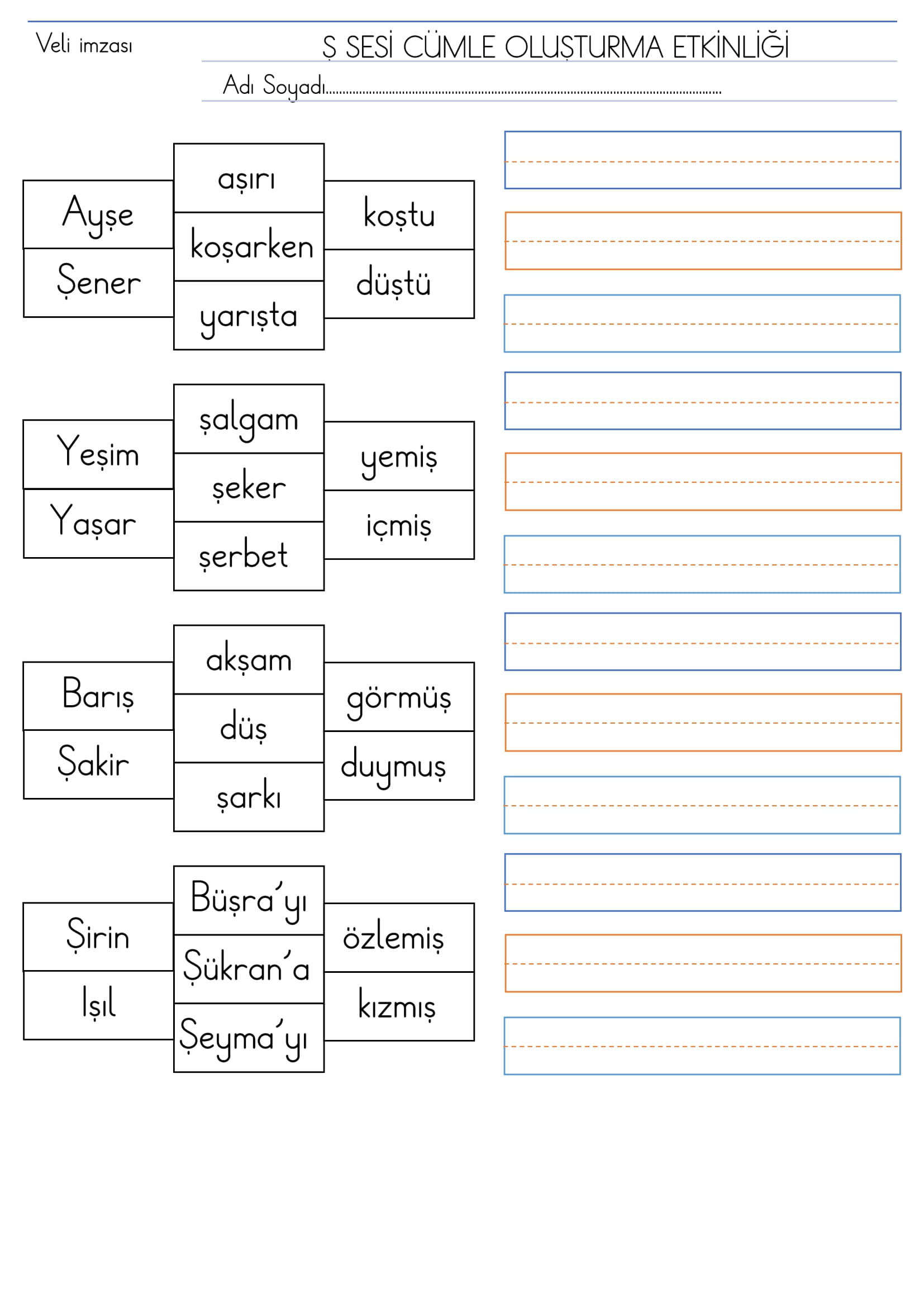 1. Sınıf Ş Sesi Cümle Oluşturma Etkinliği