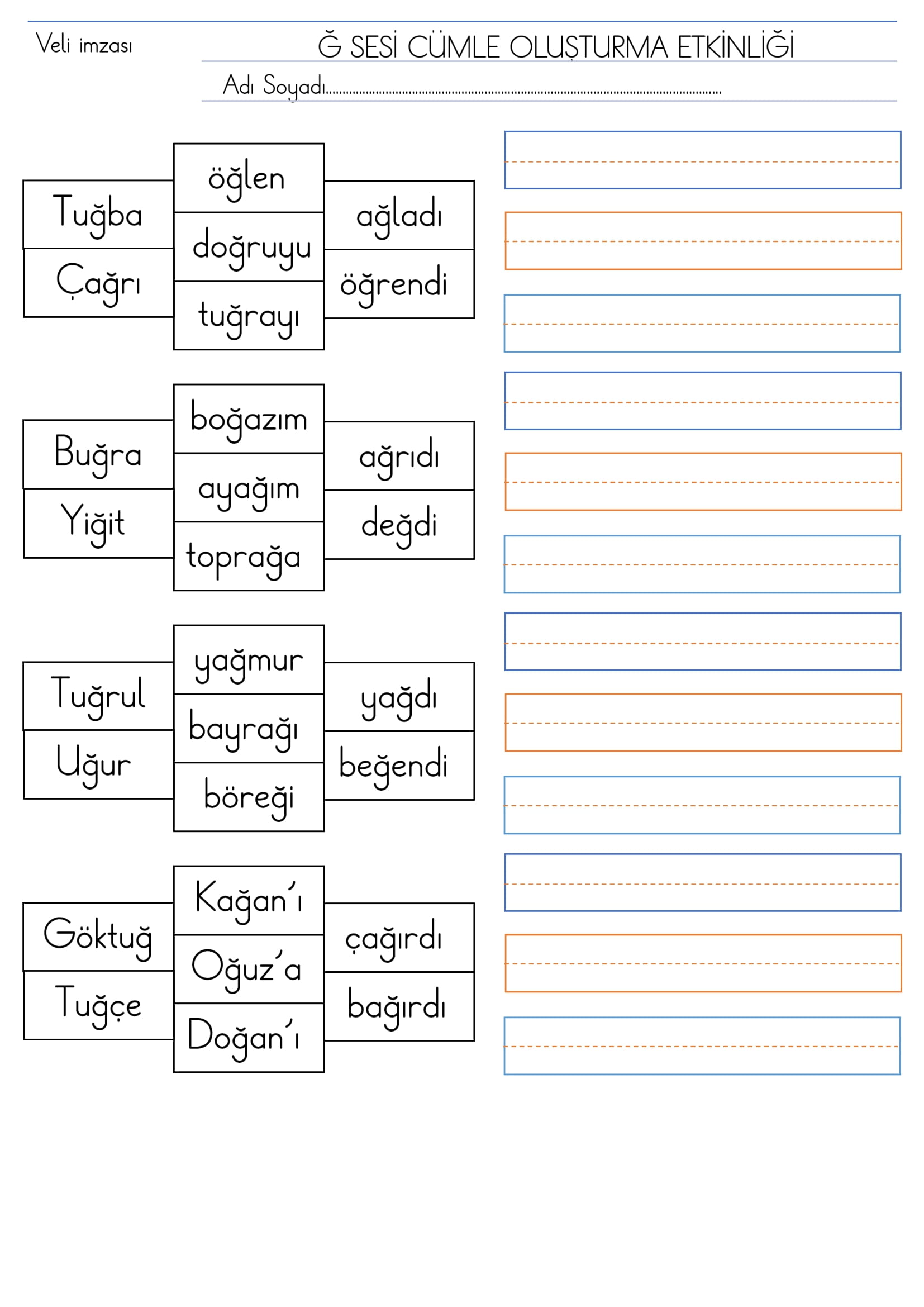 1. Sınıf İlk Okuma Yazma Ğ-ğ Sesi Cümle Oluşturma Etkinliği