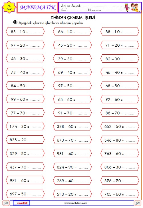 3. Sınıf Matematik Çıkarma İşlemi Etkinliği 2