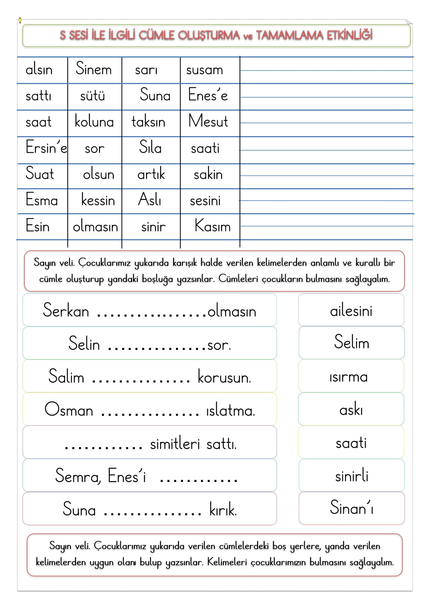 1.Sınıf S Sesi Cümle Oluşturma ve Tamamlama Etkinliği