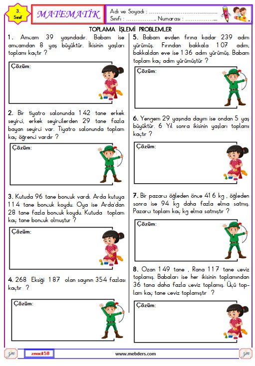 3. Sınıf Matematik Toplama İşlemi Problemler Etkinliği 2