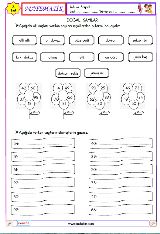 2. Sınıf Matematik Sayıları Okuma ve Yazma Etkinliği 2