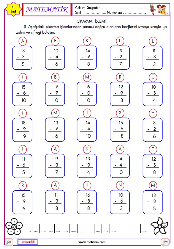 1. Sınıf Matematik Çıkarma İşlemi Etkinliği 17