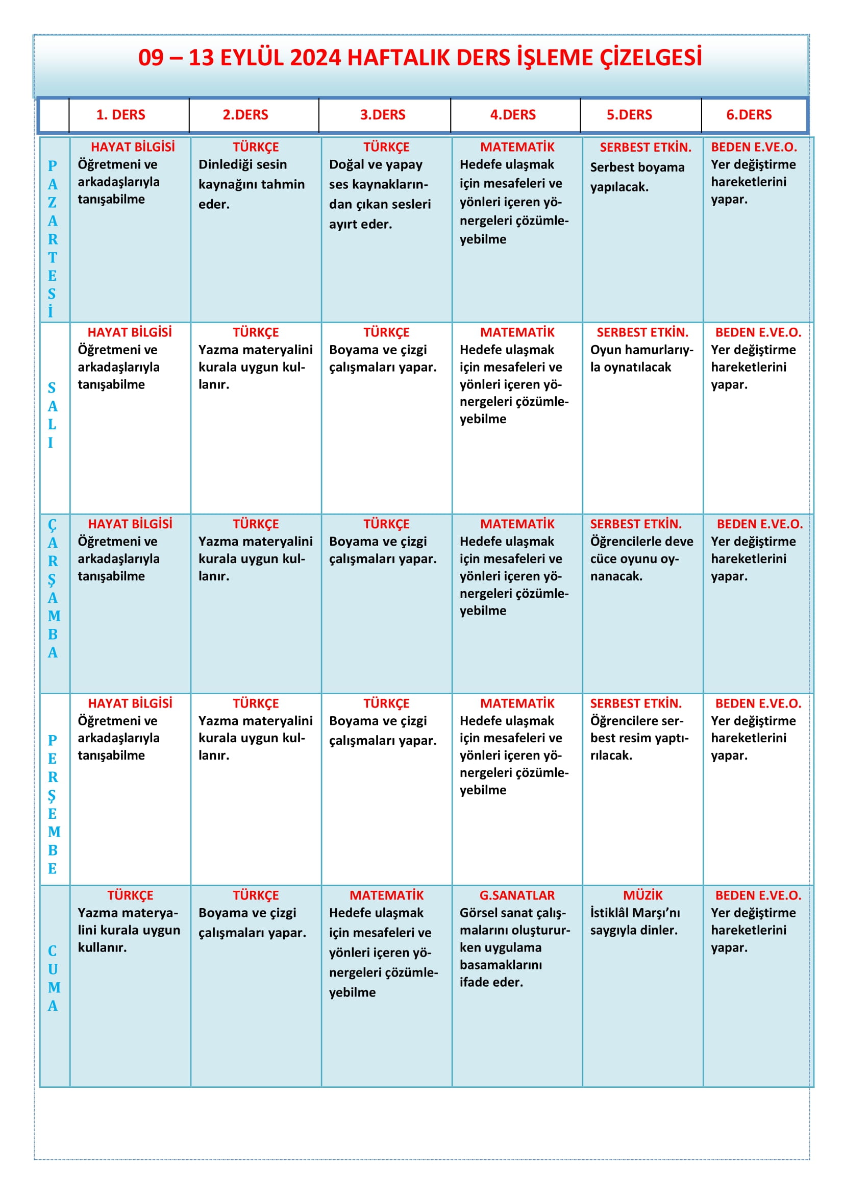 1.Sınıf 09 - 13 Eylül 2024 Haftalık Ders İşleme Çizelgesi