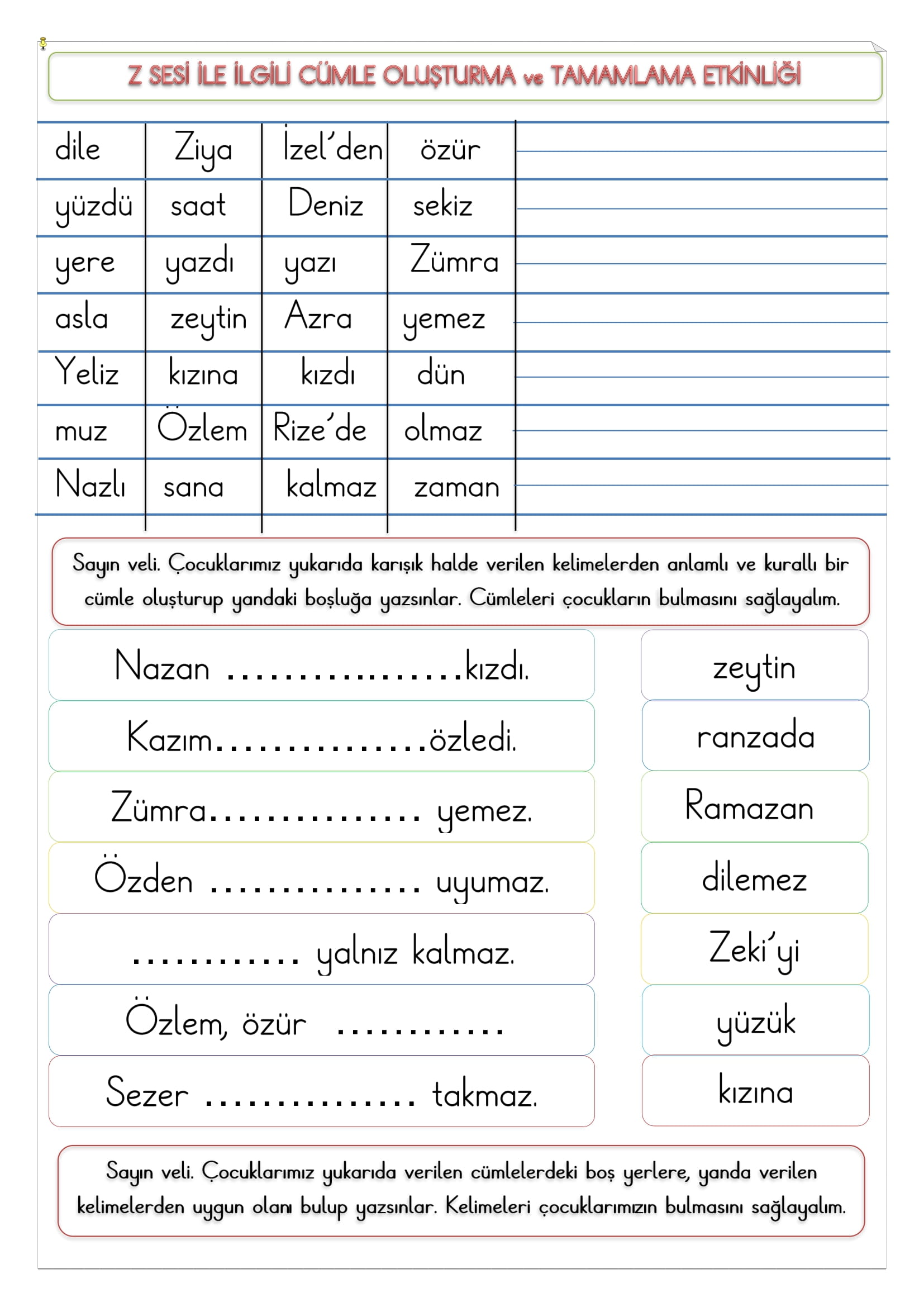 1.Sınıf İlk Okuma Yazma Z Sesi Cümle Oluşturma ve Tamamlama Etkinliği