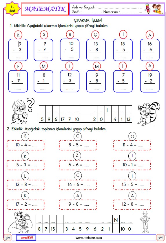 1. Sınıf Matematik Çıkarma İşlemi Etkinliği 16