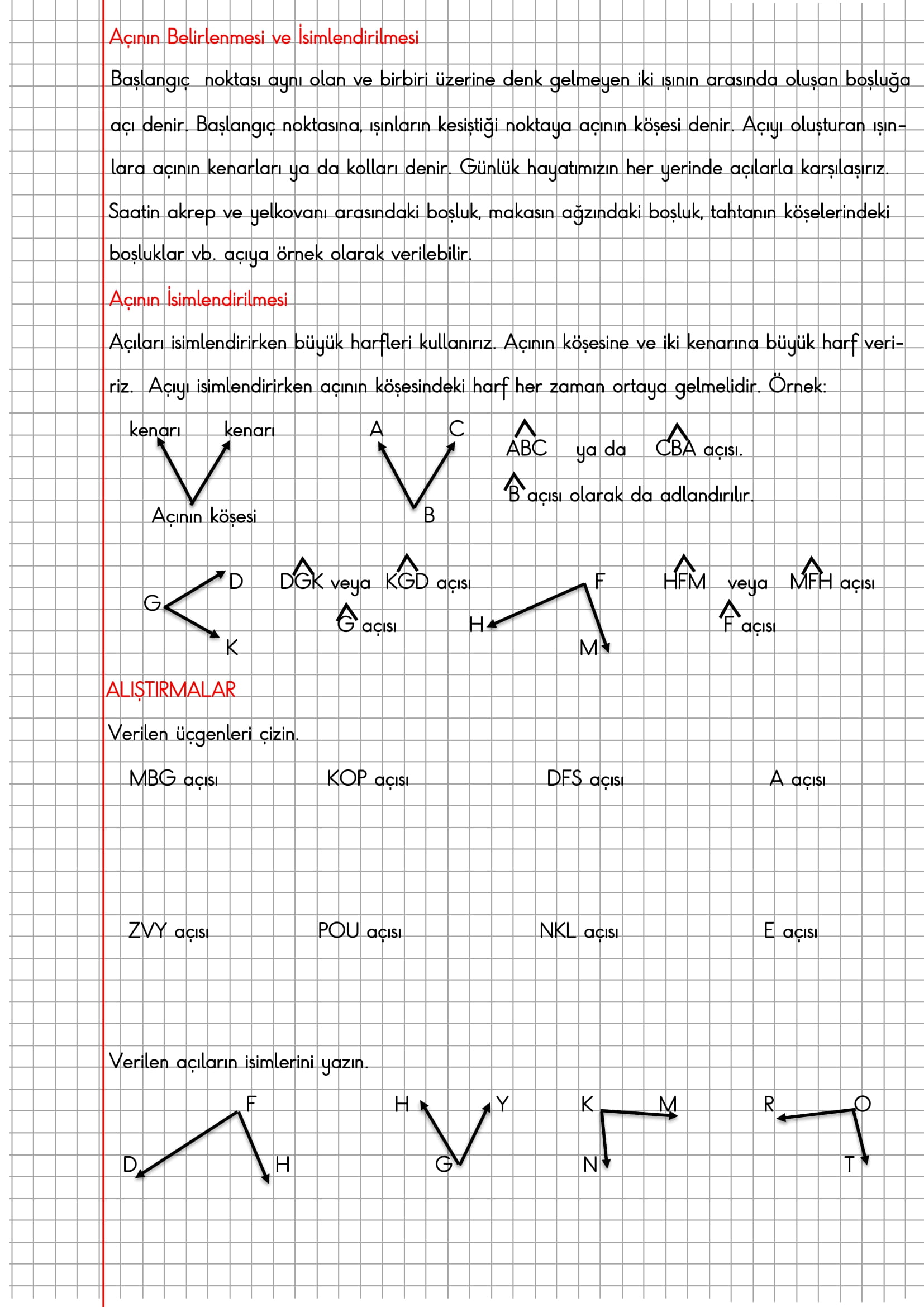 4.Sınıf Matematik Kareli Defterde Açının Belirlenmesi ve İsimlendirilmesi  Konu Özeti