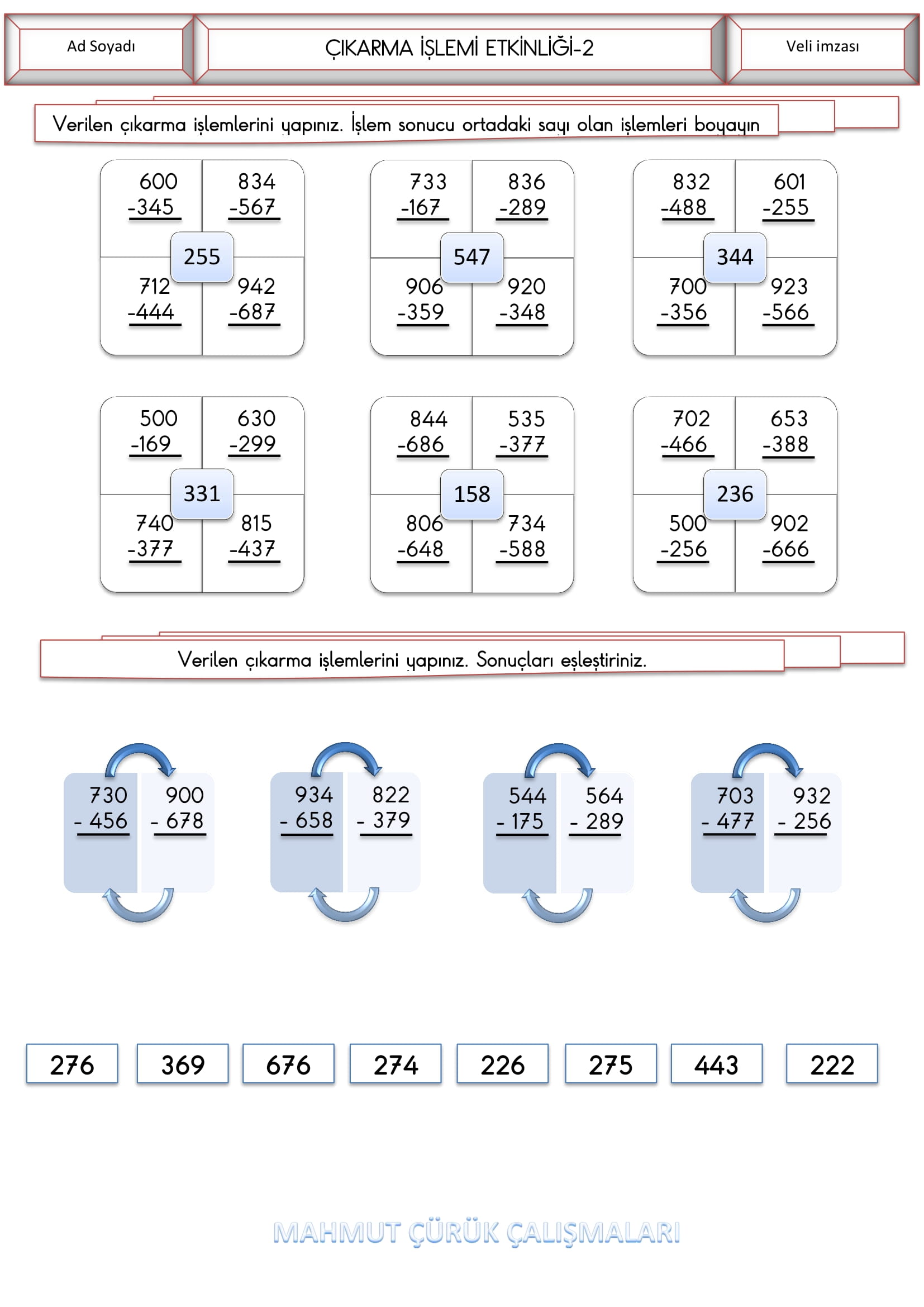 3.Sınıf Matematik Çıkarma İşlemi Etkinliği-2