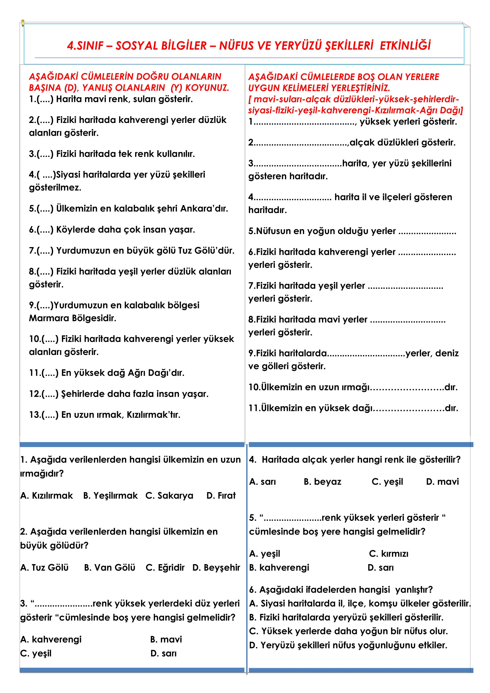 4.Sınıf Sosyal Bilgiler Nüfus ve Yeryüzü Şekilleri Etkinliği