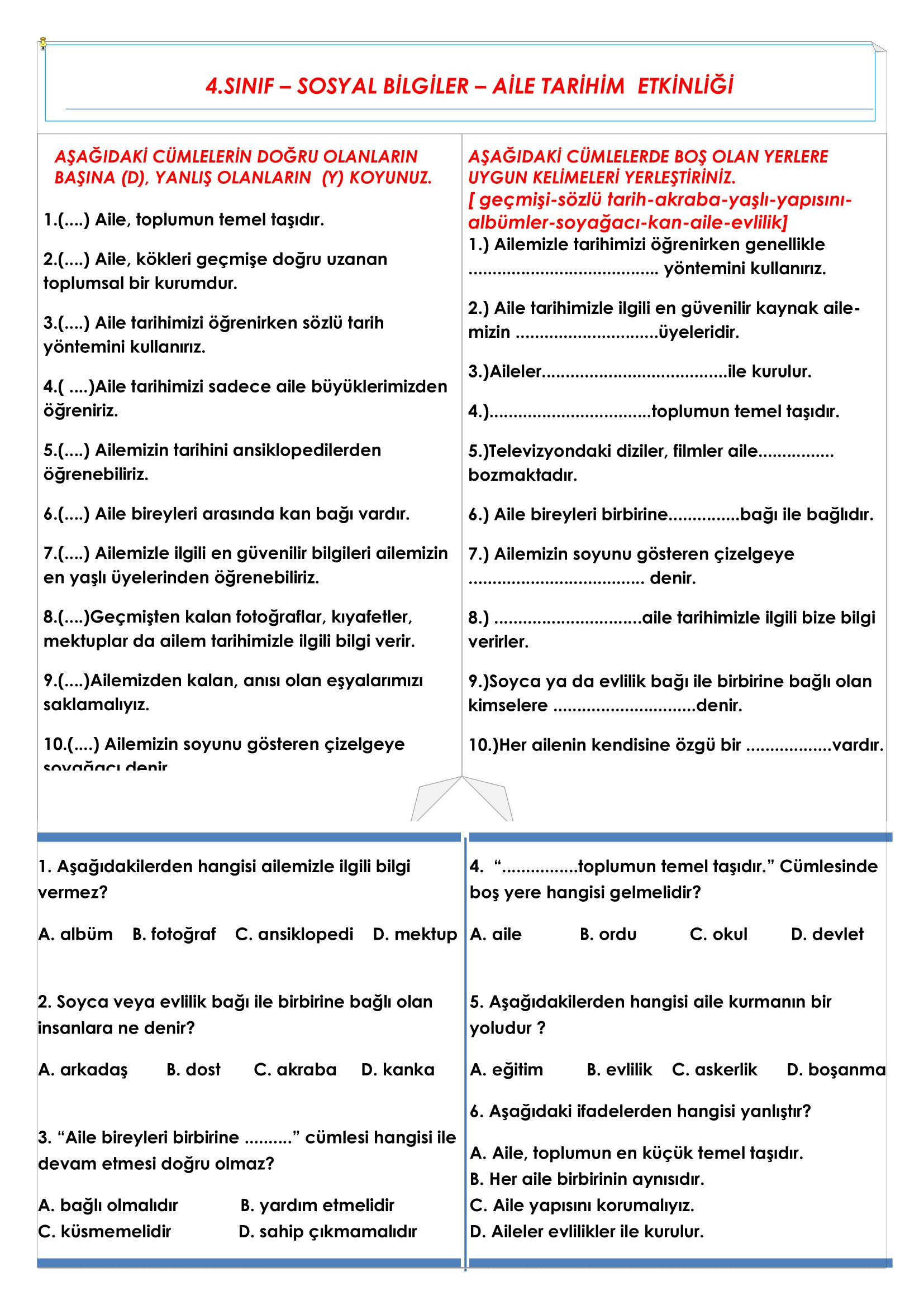 4.Sınıf - Sosyal Bilgiler - Aile Tarihim Etkinliği