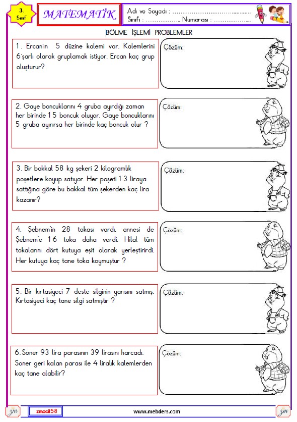 3. Sınıf Matematik Bölme İşlemi Problemler Etkinliği 5