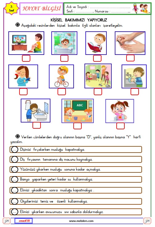 3. Sınıf Hayat Bilgisi Kişisel Bakımımızı Yapıyoruz Etkinliği