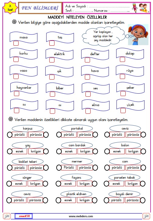 3. Sınıf Fen Bilimleri Maddeyi Niteleyen Özellikler Etkinliği 2