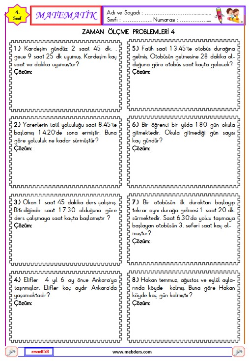 4. Sınıf Matematik Zaman Ölçme Problemleri Etkinliği 11