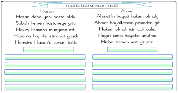 1.Sınıf İlk Okuma Yazma H Sesi Metinler Etkinliği