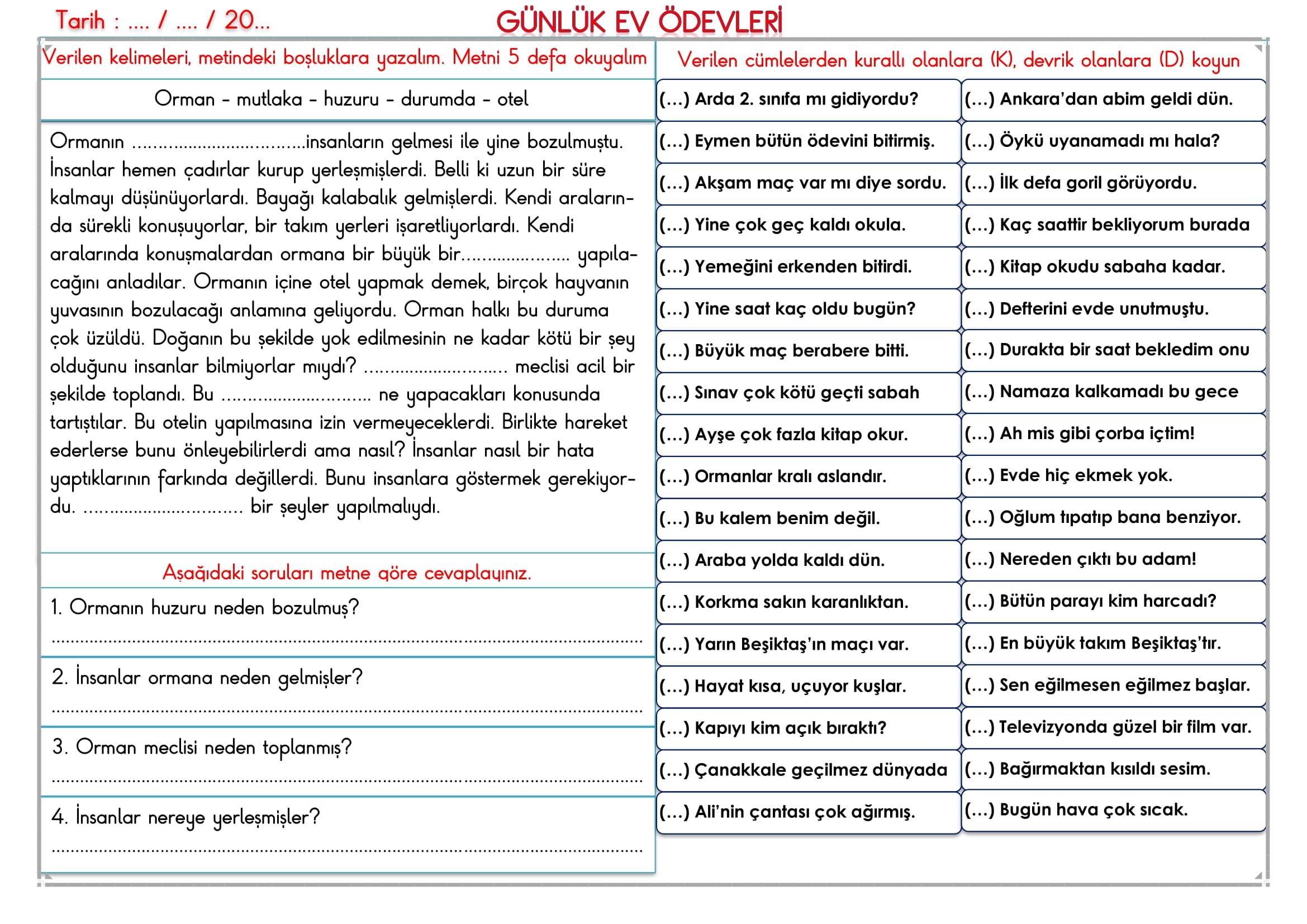 2.Sınıf 26 Şubat 2025 Günlük Ev Ödevi