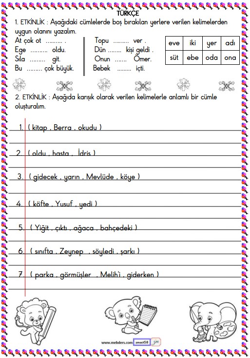 1. Sınıf Türkçe Kelime ve Cümle Oluşturma Etkinliği 11