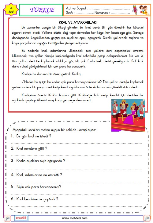 3. Sınıf Türkçe Okuma ve Anlama Metni Etkinliği (Kral ve Ayakkabıları)