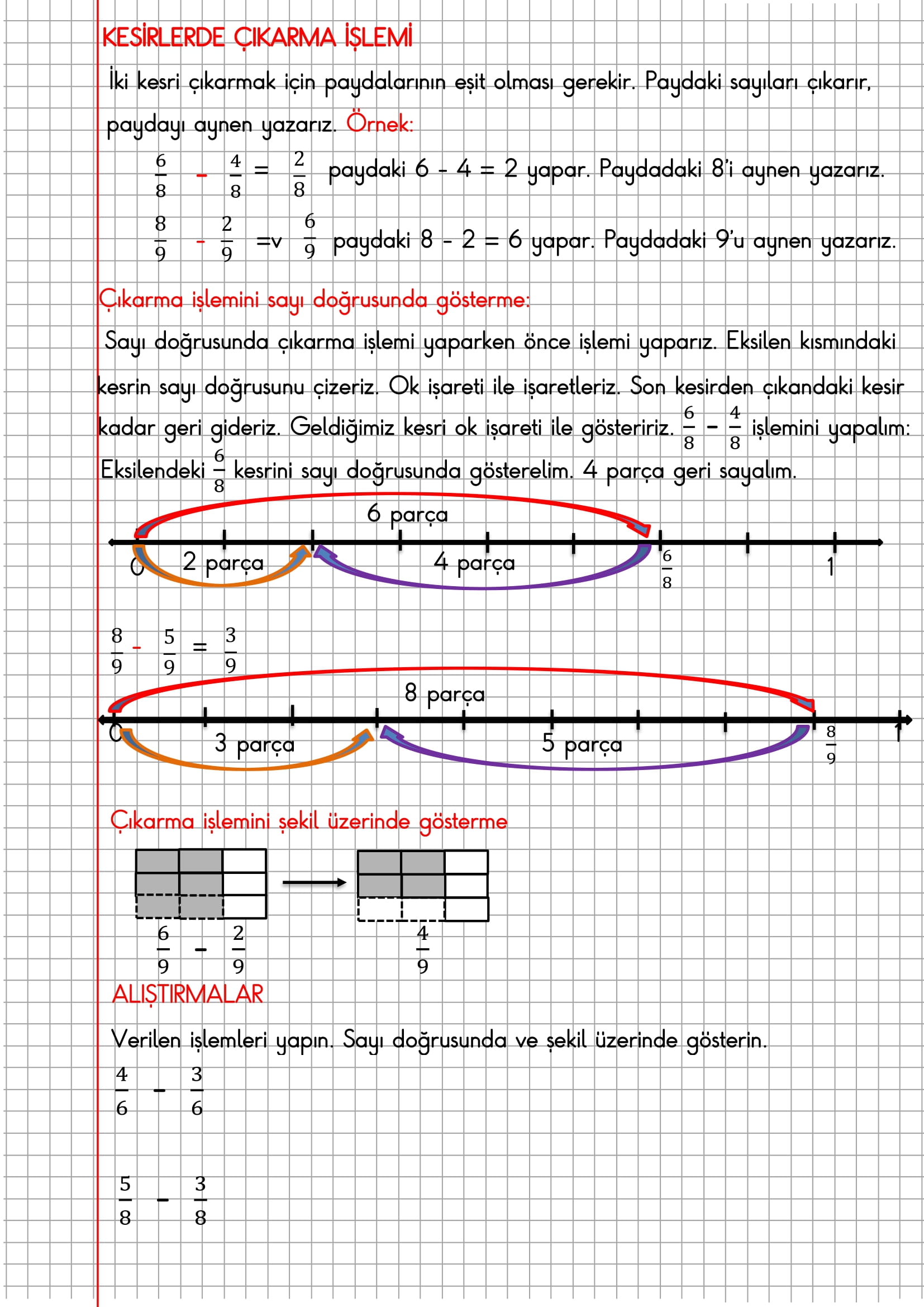 4.Sınıf Matematik Kareli Defterde Kesirlerde Çıkarma İşlemi Konu Anlatımı