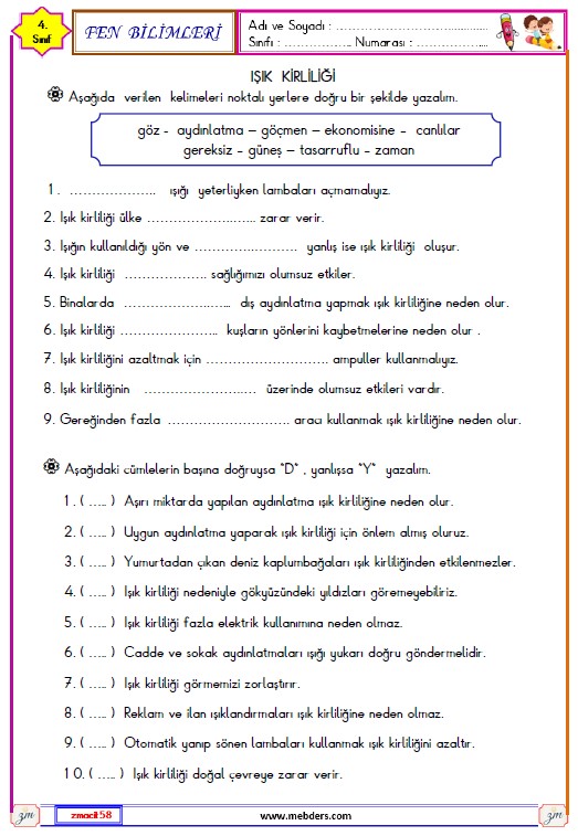 4.. Sınıf Fen Bilimleri Işık Kirliliği Etkinliği 3