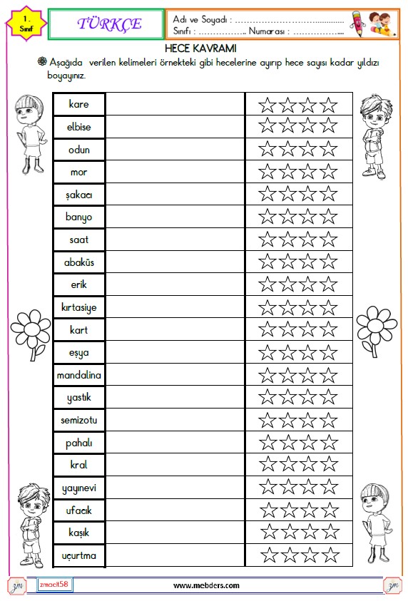 1. Sınıf Türkçe Hece Kavramı Etkinliği 5