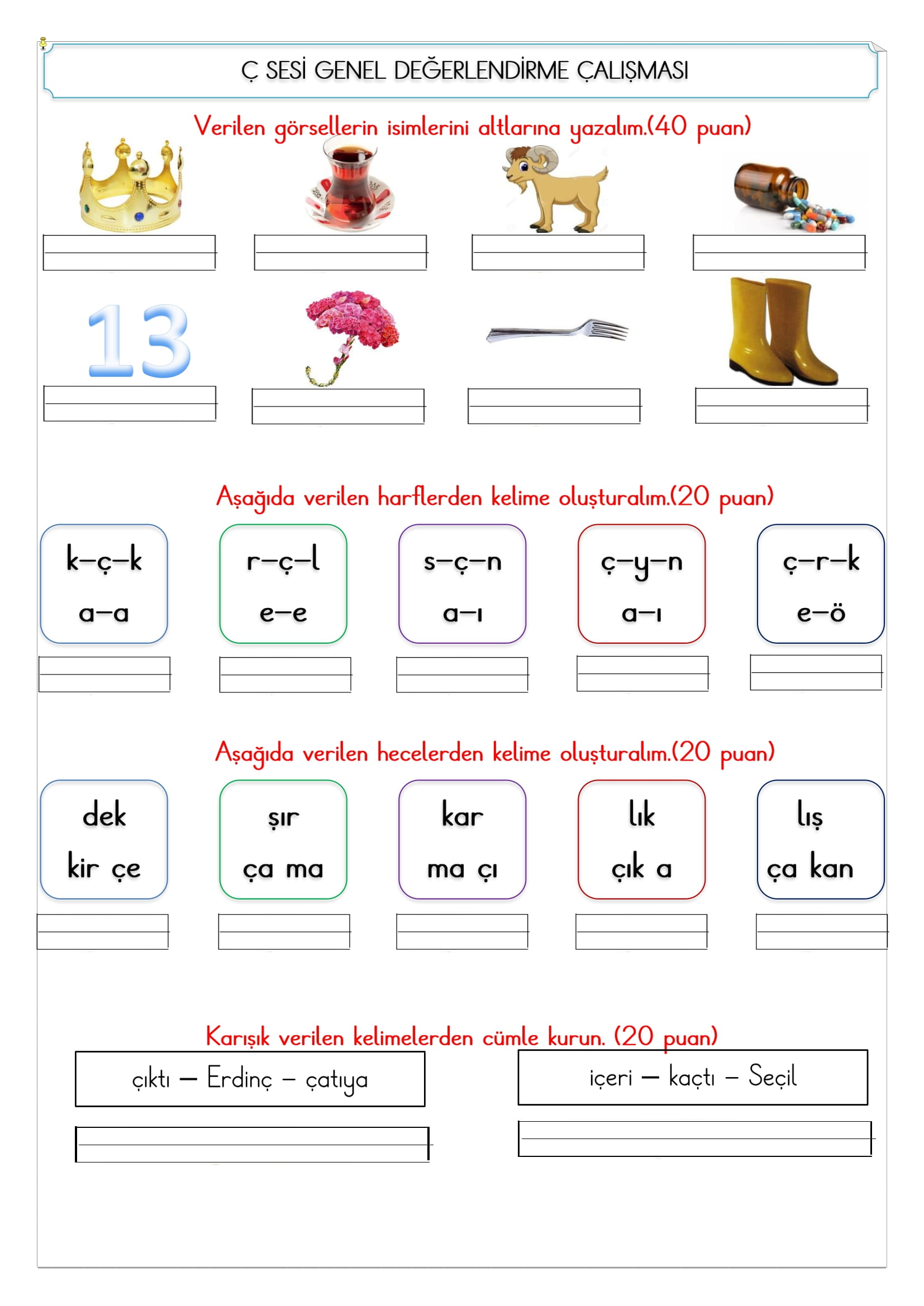 1.Sınıf İlk Okuma Yazma Ç Sesi Değerlendirme Çalışması 2