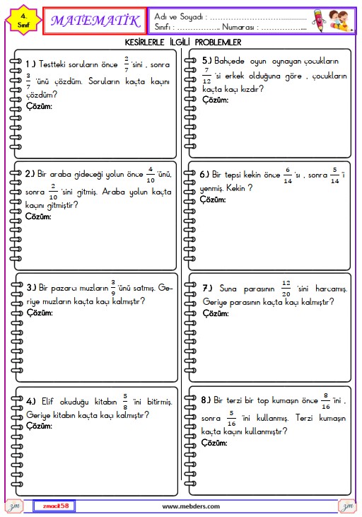 4. Sınıf Matematik Kesirlerle İlgili Problemler Etkinliği 3